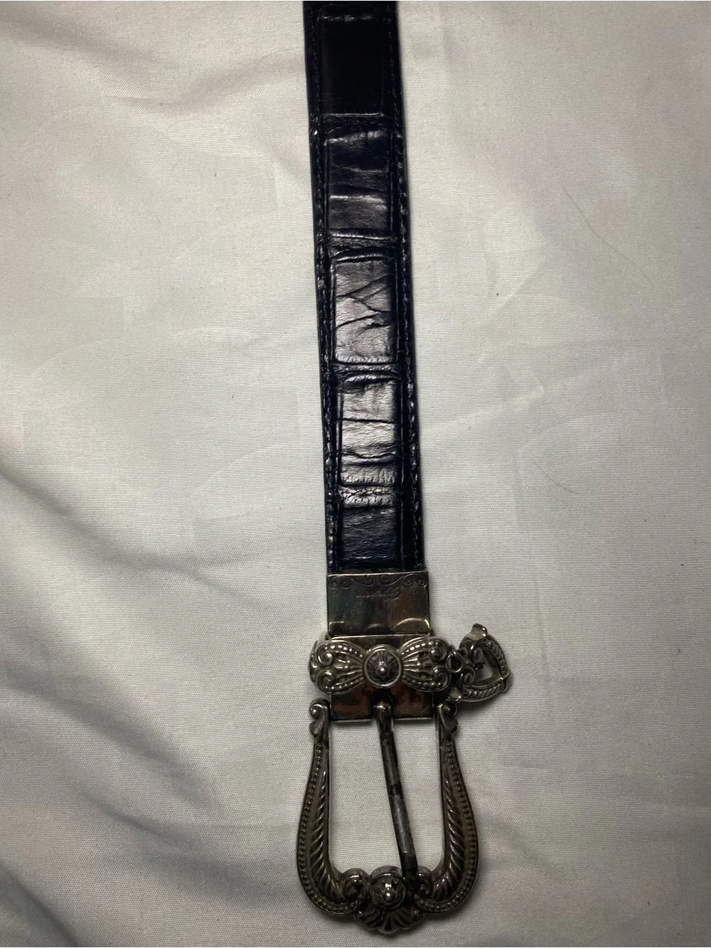 Brighton Black Croc-Embossed Belt with Ornate Silver Buckle